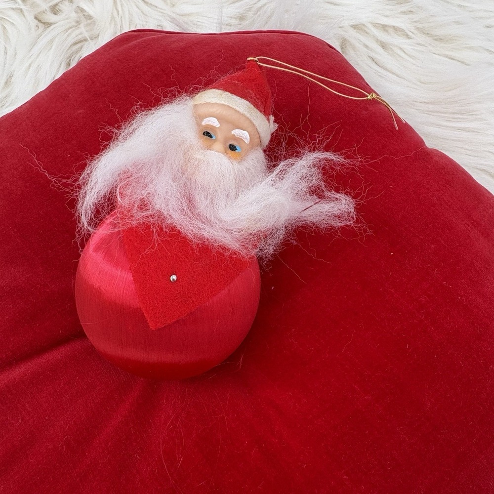 Vintage MCM Rubber Face Santa on Red Satin Ball Ornament